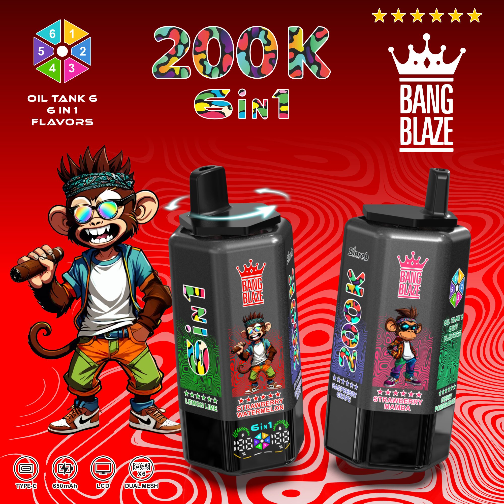 Bang Blaze 200000 200K Puffs 6 in 1 Flavors & 6 oil tanks Rechargeable LCD Display Disposable Vape - Image 15