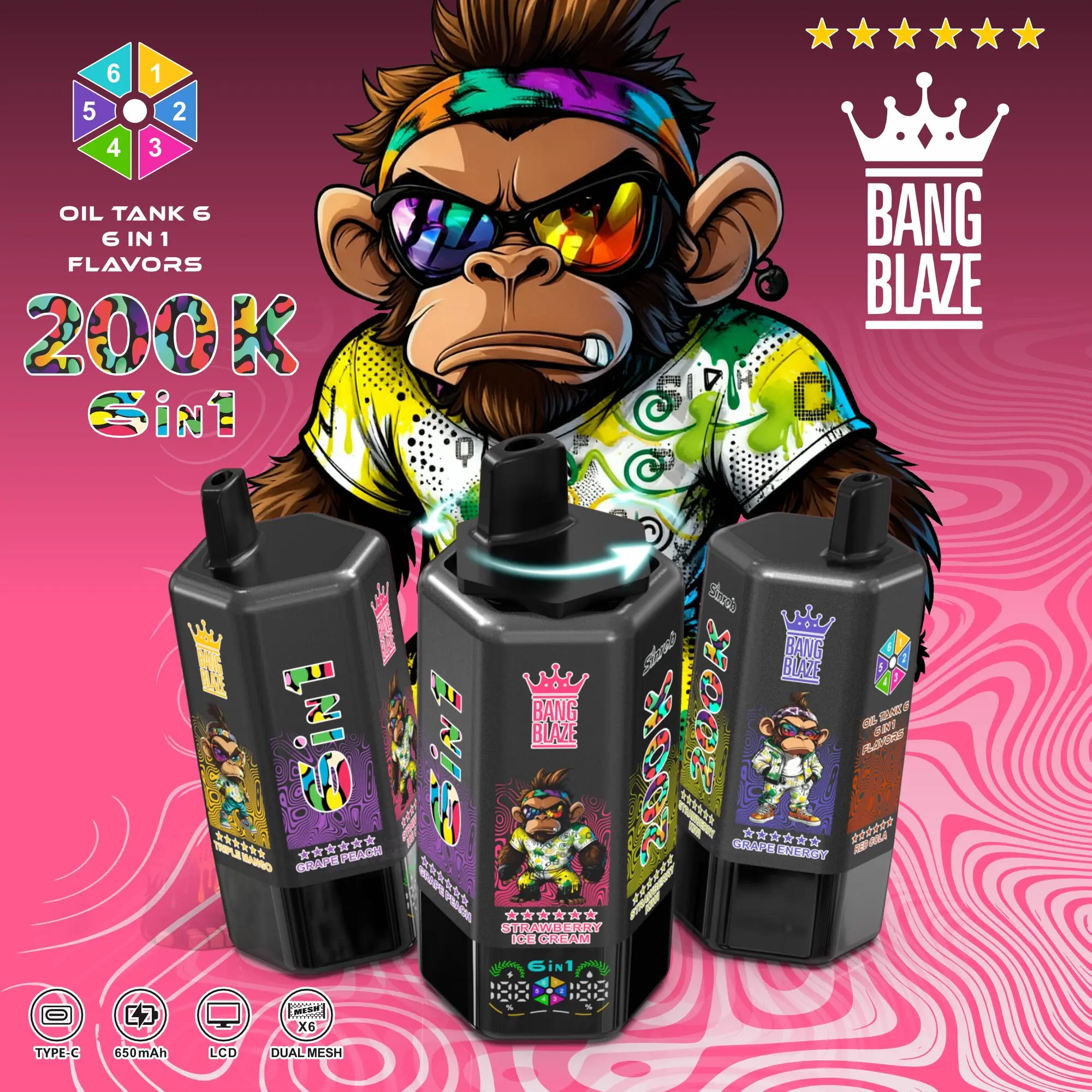 Bang Blaze 200000 200K Puffs 6 in 1 Flavors & 6 oil tanks Rechargeable LCD Display Disposable Vape - Image 22