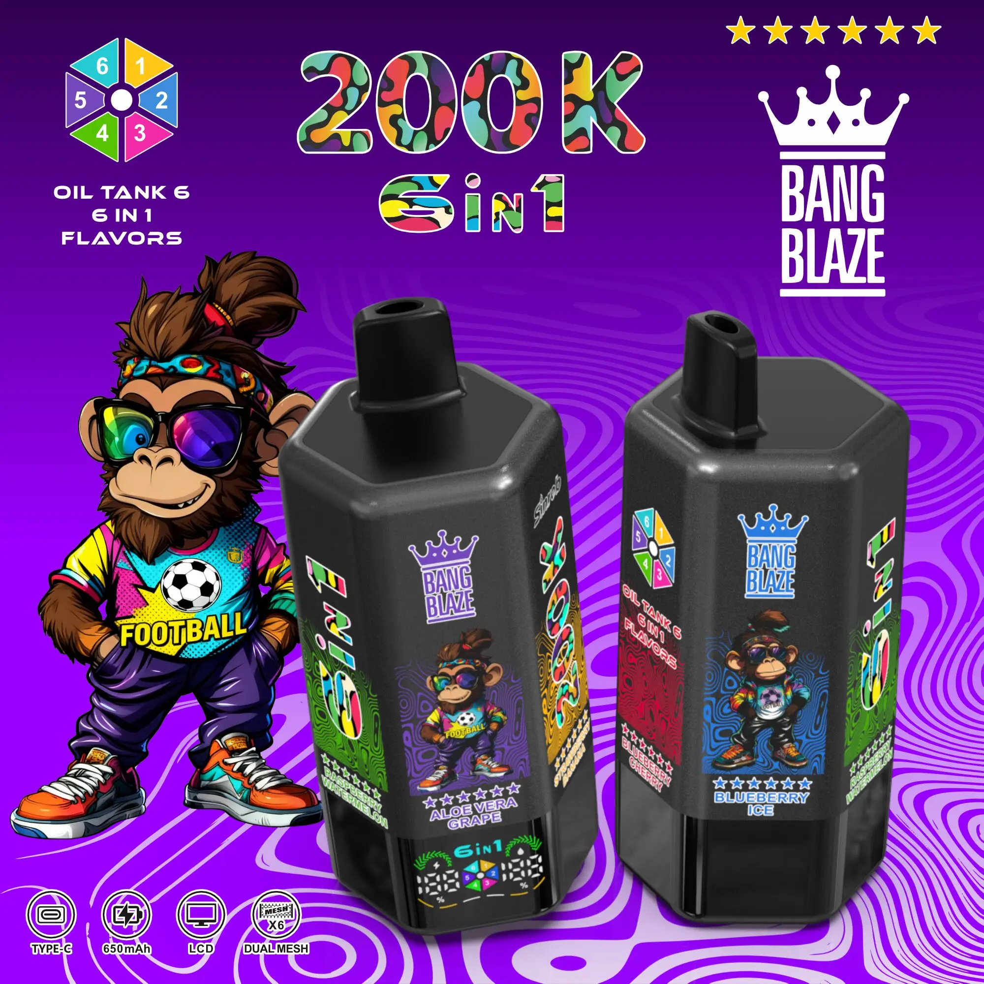 Bang Blaze 200000 200K Puffs 6 in 1 Flavors & 6 oil tanks Rechargeable LCD Display Disposable Vape - Image 10