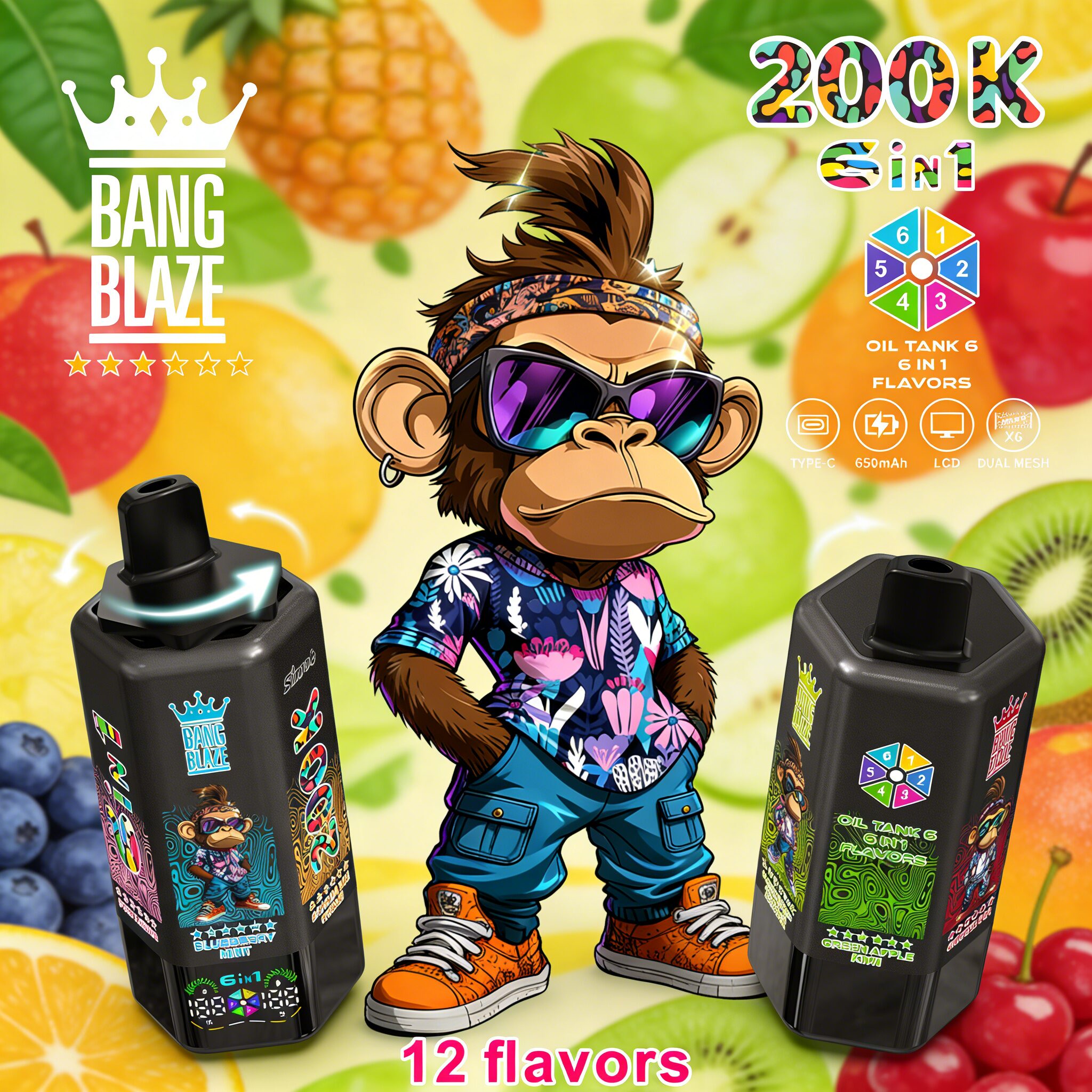 Bang Blaze 200000 200K Puffs 6 in 1 Flavors & 6 oil tanks Rechargeable LCD Display Disposable Vape