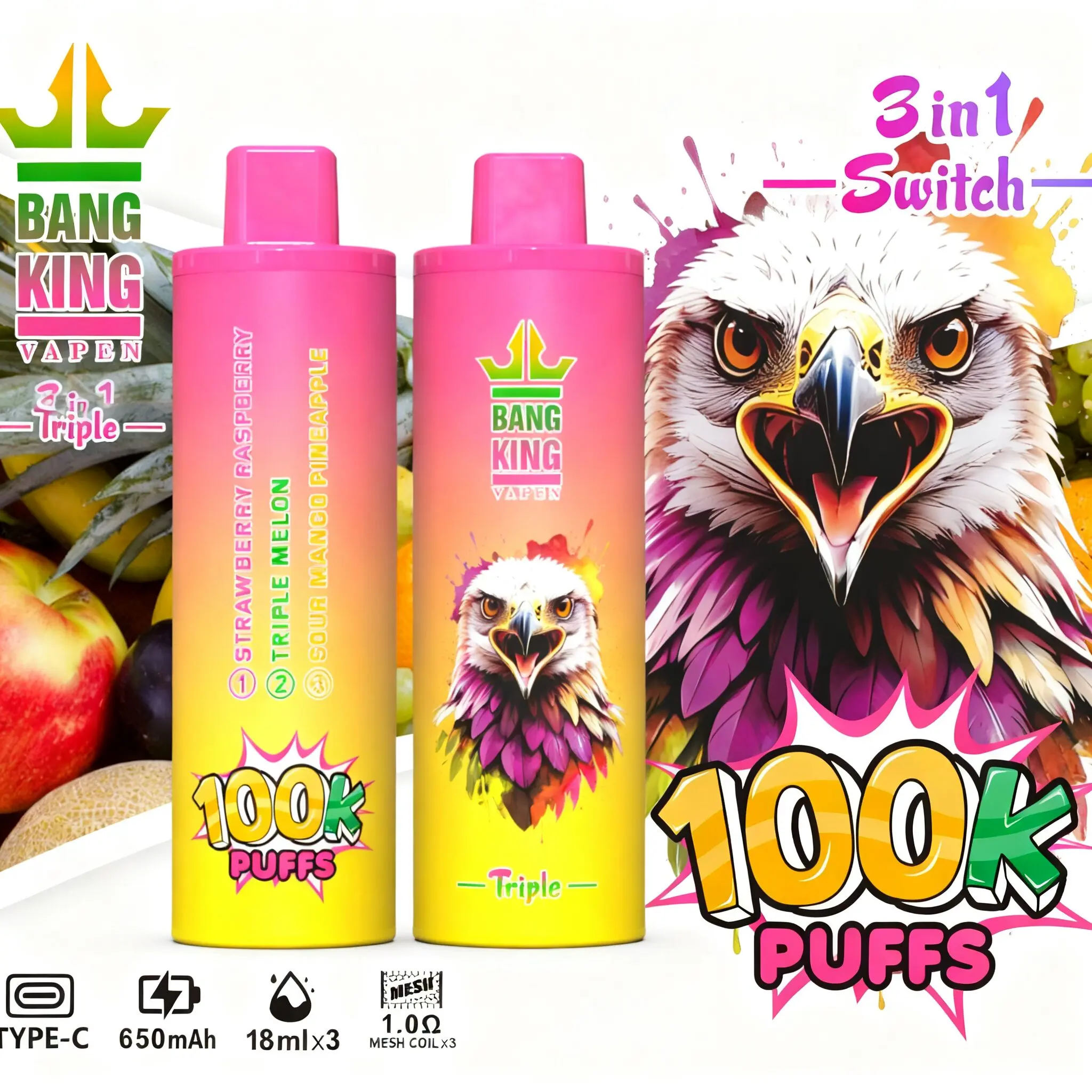Bang King Triple 100000 100K Puffs 3 in 1 Flavors Original Rechargeable Disposable Vape - Image 14