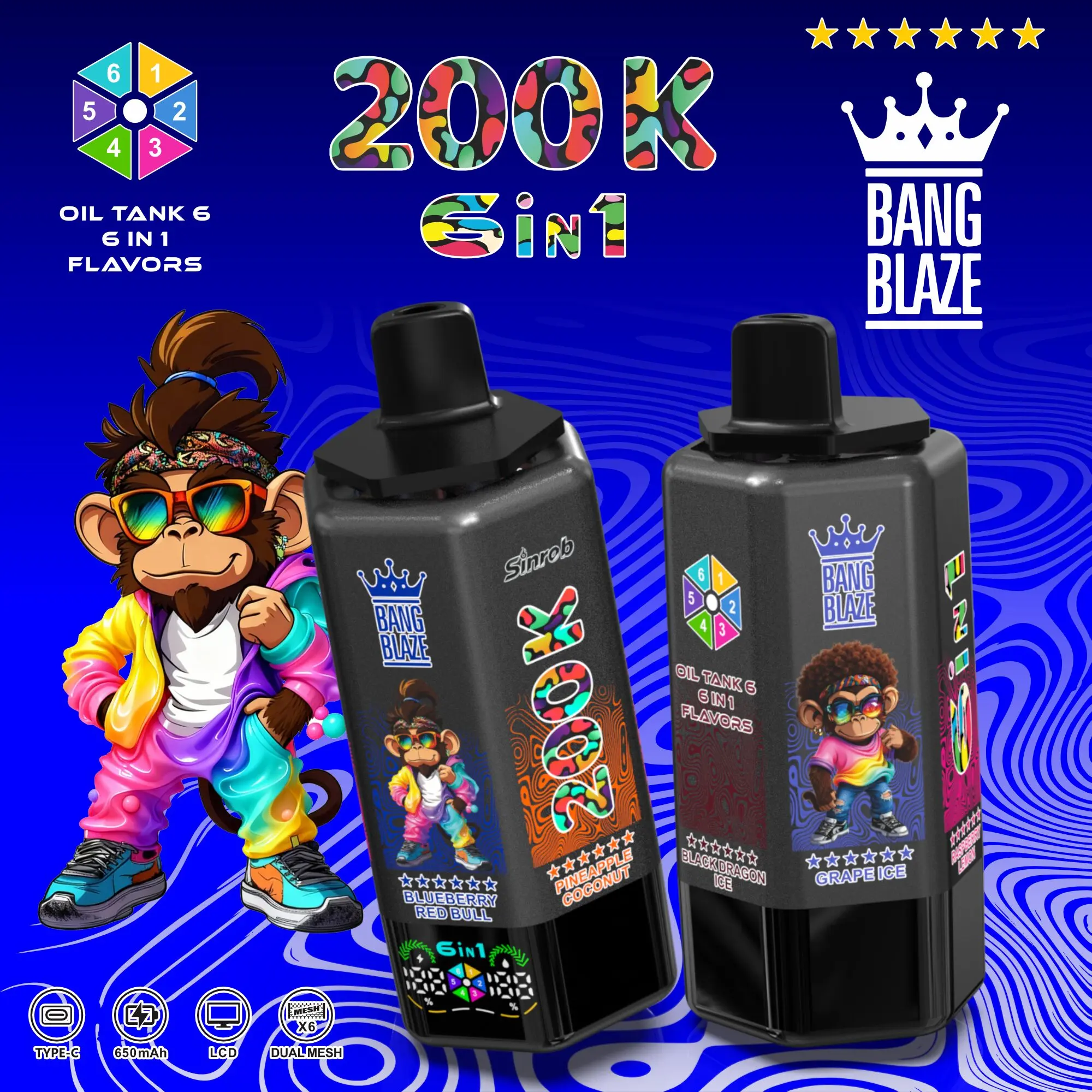 Bang Blaze 200000 200K Puffs 6 in 1 Flavors & 6 oil tanks Rechargeable LCD Display Disposable Vape - Image 14