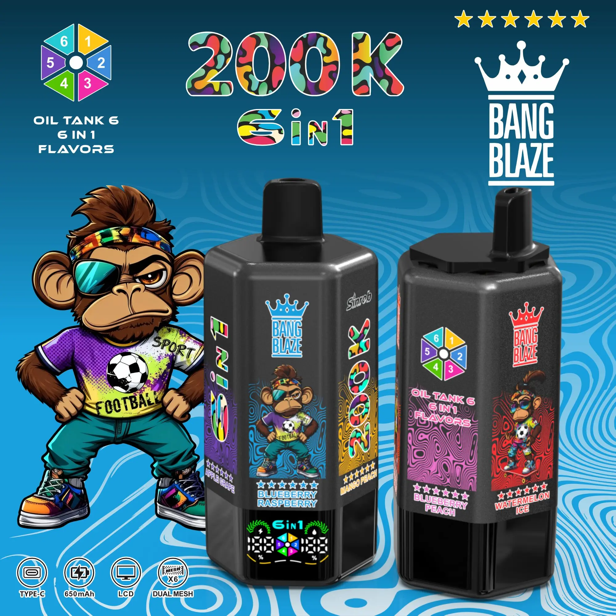 Bang Blaze 200000 200K Puffs 6 in 1 Flavors & 6 oil tanks Rechargeable LCD Display Disposable Vape - Image 24