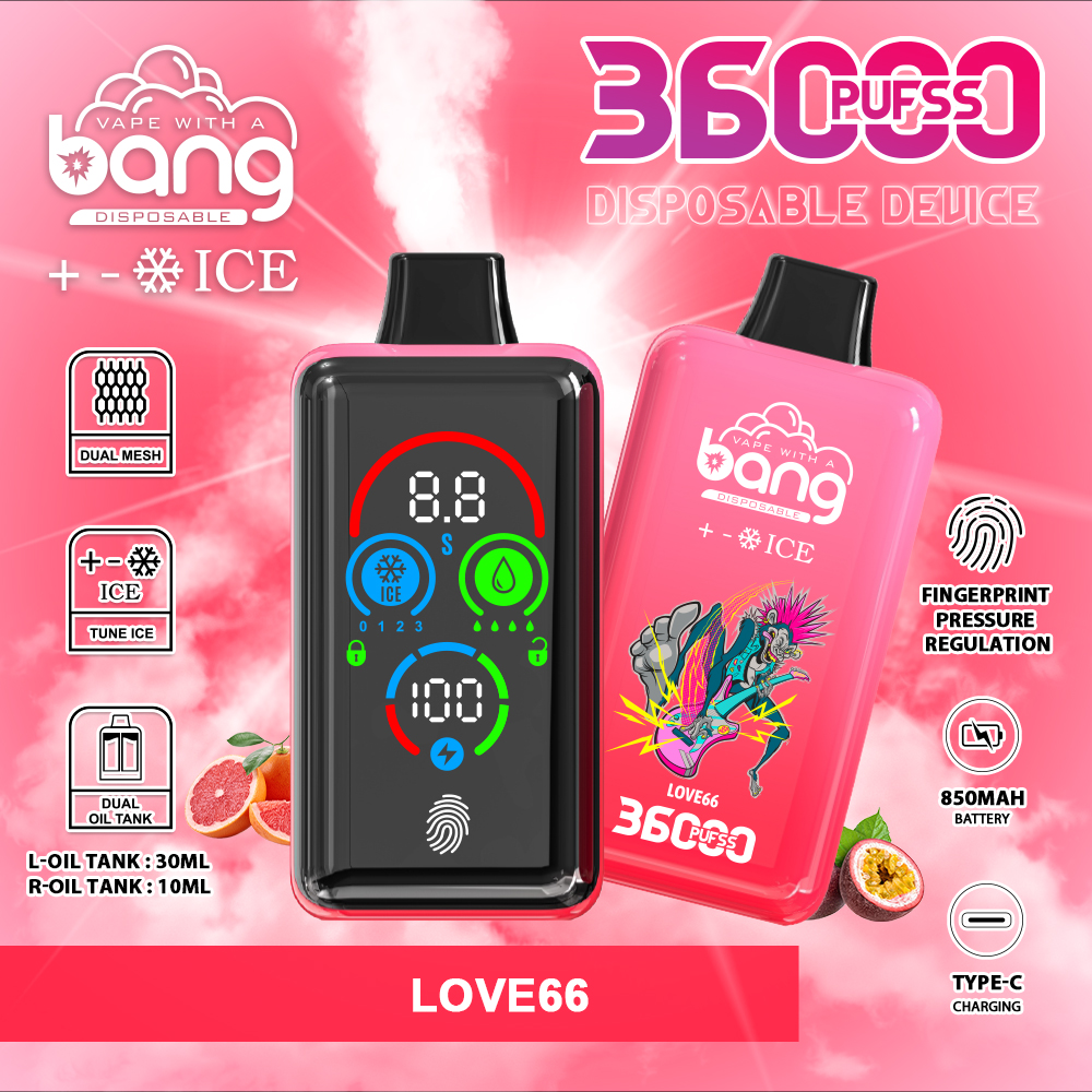 Bang 36K Puffs Adjustable Ice Smart Full Screen Disposable Vape 36ml 0-5% Nicotine