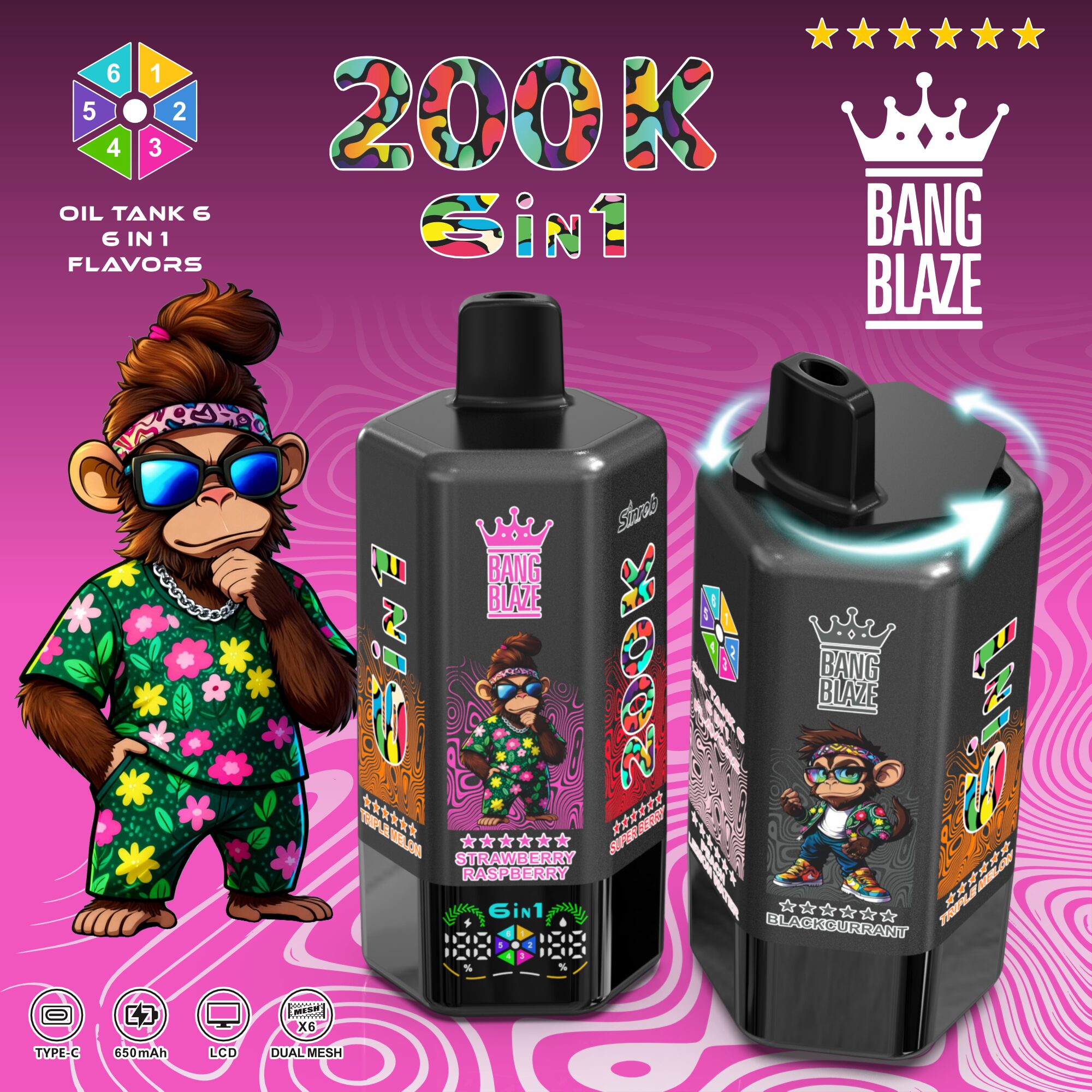 Bang Blaze 200000 200K Puffs 6 in 1 Flavors & 6 oil tanks Rechargeable LCD Display Disposable Vape - Image 7