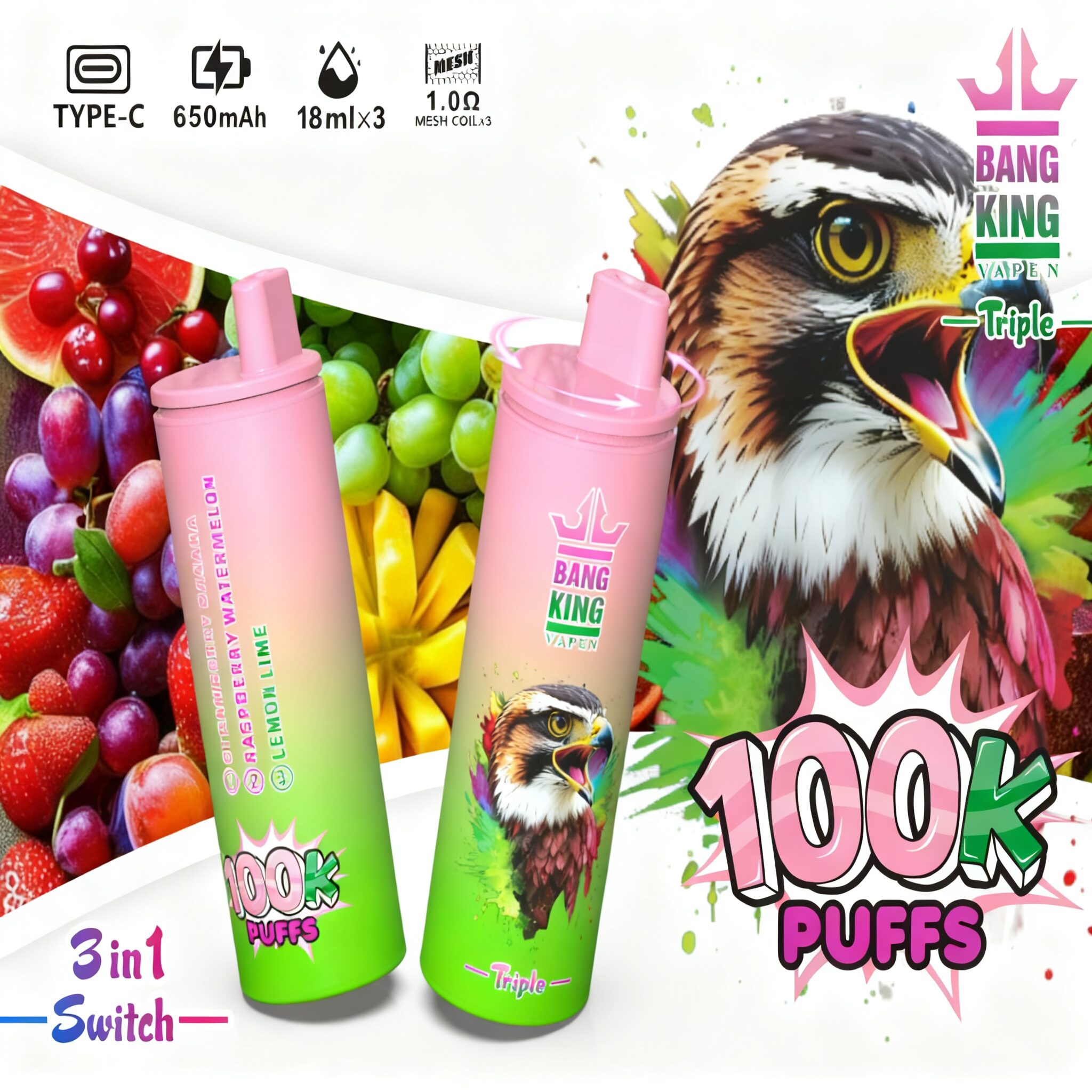 Bang King Triple 100000 100K Puffs 3 in 1 Flavors Original Rechargeable Disposable Vape - Image 9