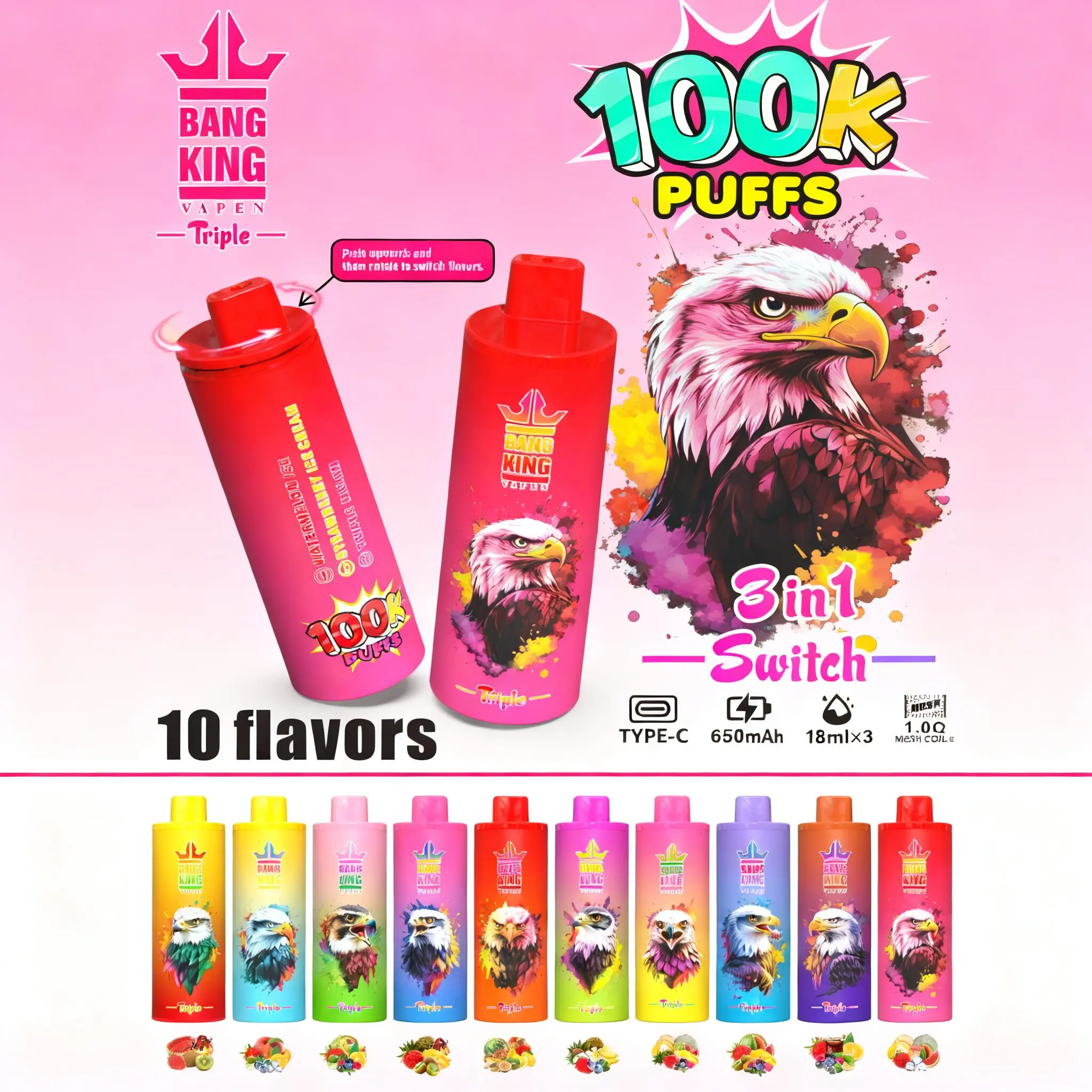 Bang King Triple 100000 100K Puffs 3 in 1 Flavors Original Rechargeable Disposable Vape - Image 2