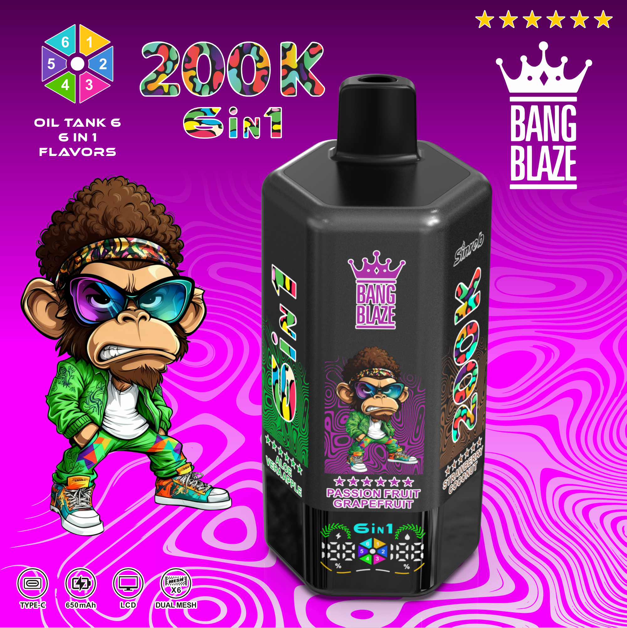 Bang Blaze 200000 200K Puffs 6 in 1 Flavors & 6 oil tanks Rechargeable LCD Display Disposable Vape - Image 5