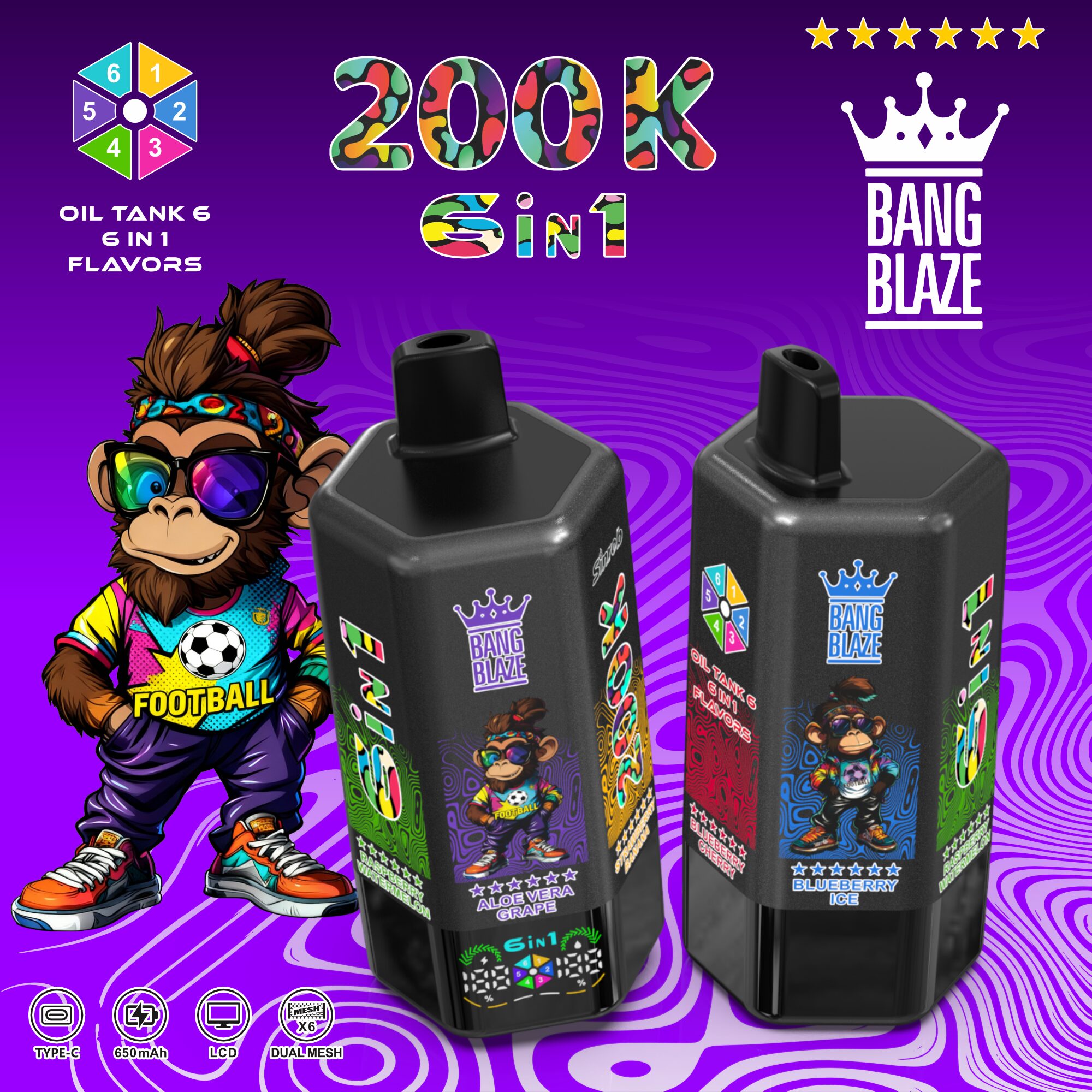 Bang Blaze 200000 200K Puffs 6 in 1 Flavors & 6 oil tanks Rechargeable LCD Display Disposable Vape - Image 9