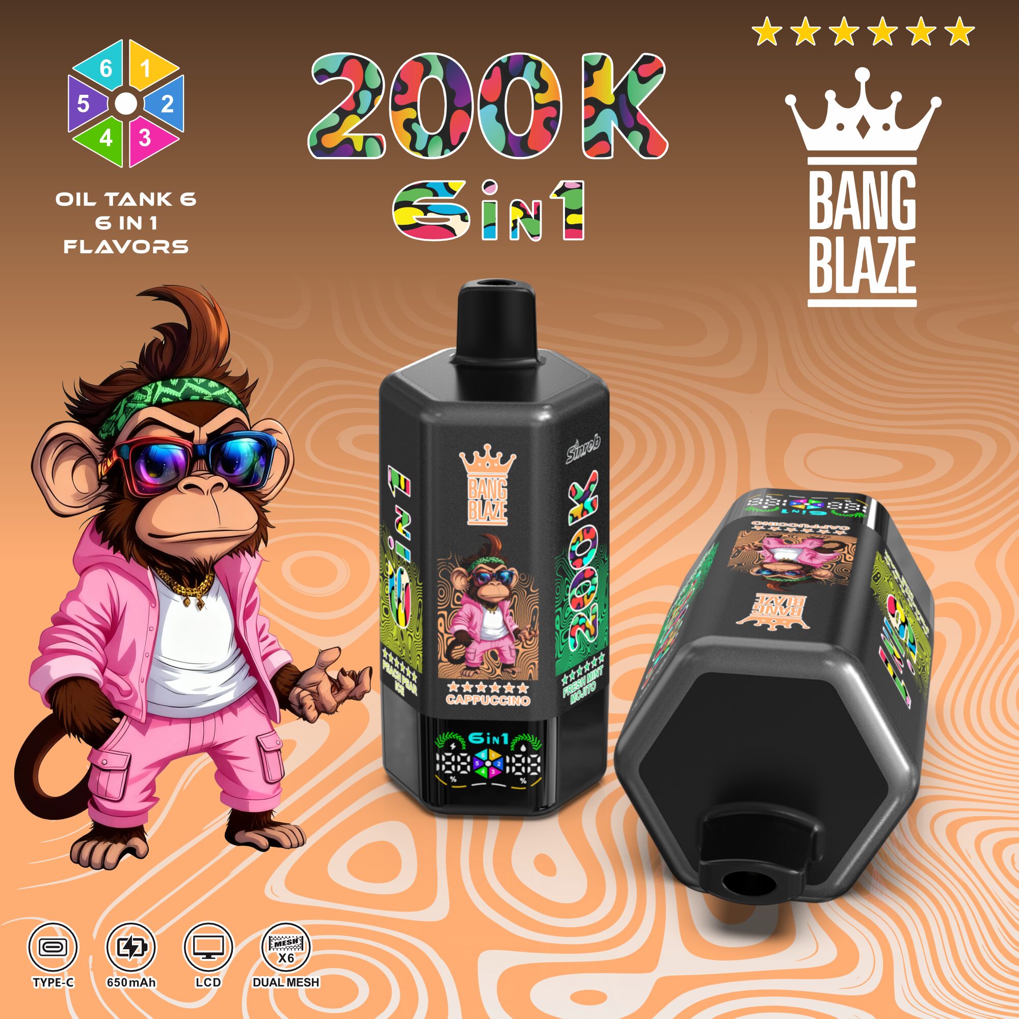 Bang Blaze 200000 200K Puffs 6 in 1 Flavors & 6 oil tanks Rechargeable LCD Display Disposable Vape - Image 11