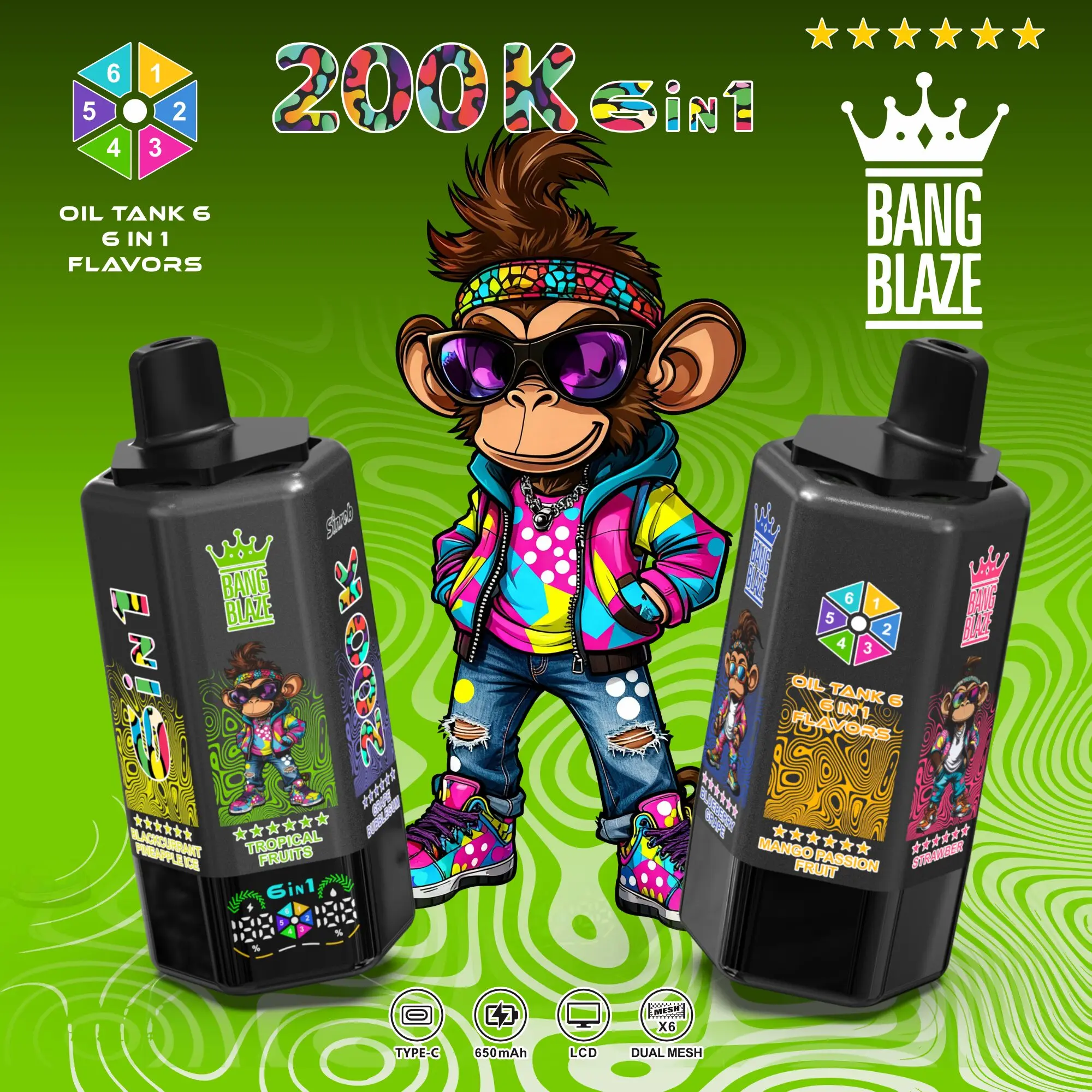 Bang Blaze 200000 200K Puffs 6 in 1 Flavors & 6 oil tanks Rechargeable LCD Display Disposable Vape - Image 20