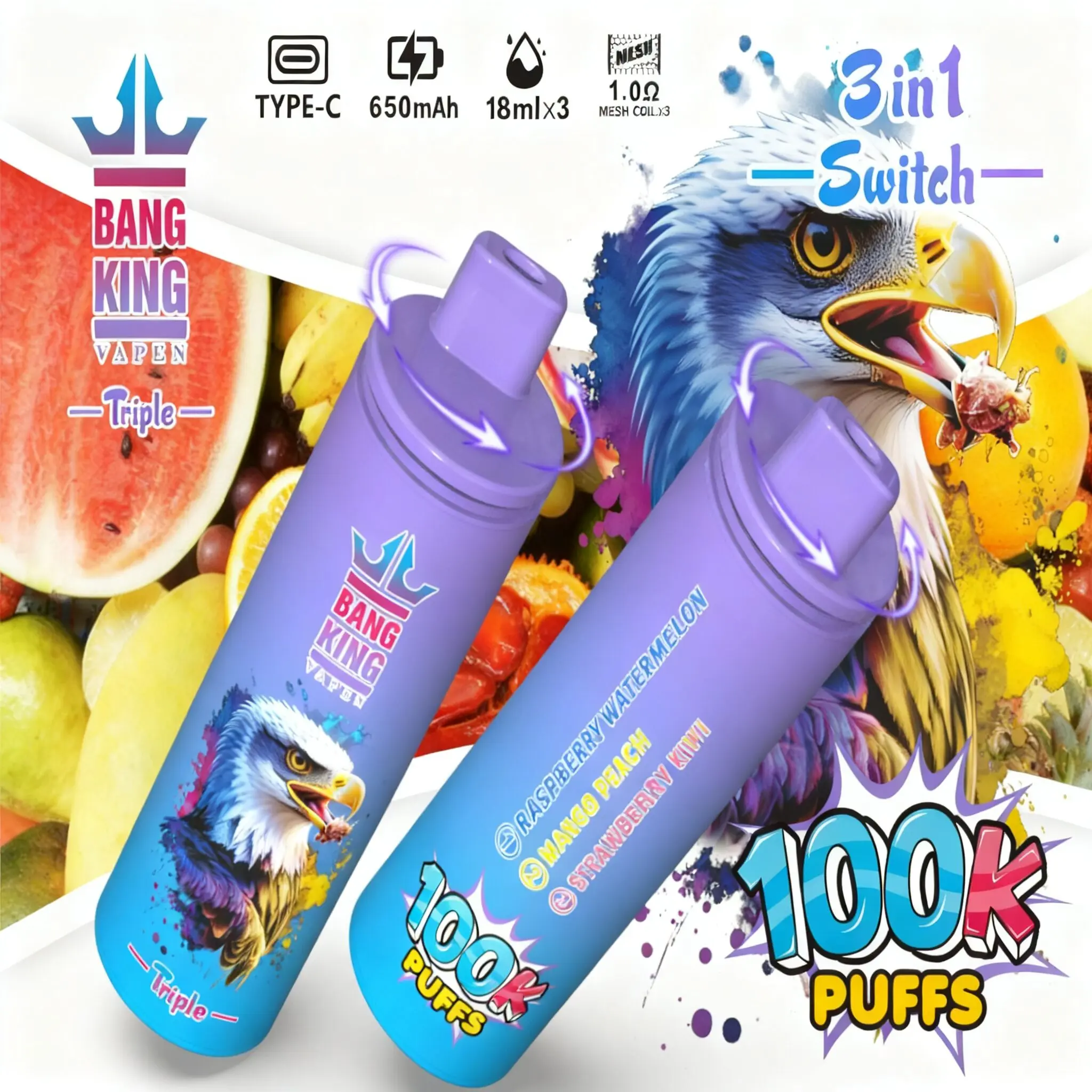 Bang King Triple 100000 100K Puffs 3 in 1 Flavors Original Rechargeable Disposable Vape - Image 8
