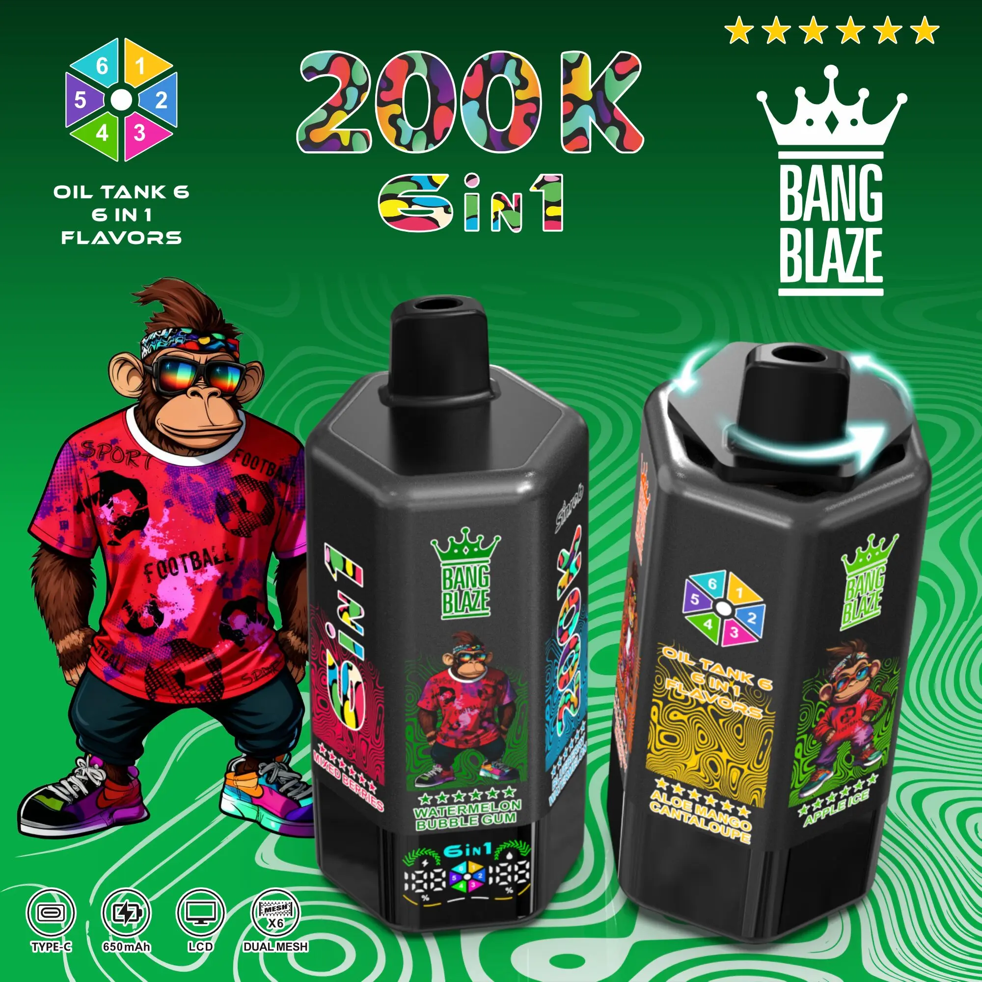 Bang Blaze 200000 200K Puffs 6 in 1 Flavors & 6 oil tanks Rechargeable LCD Display Disposable Vape - Image 4