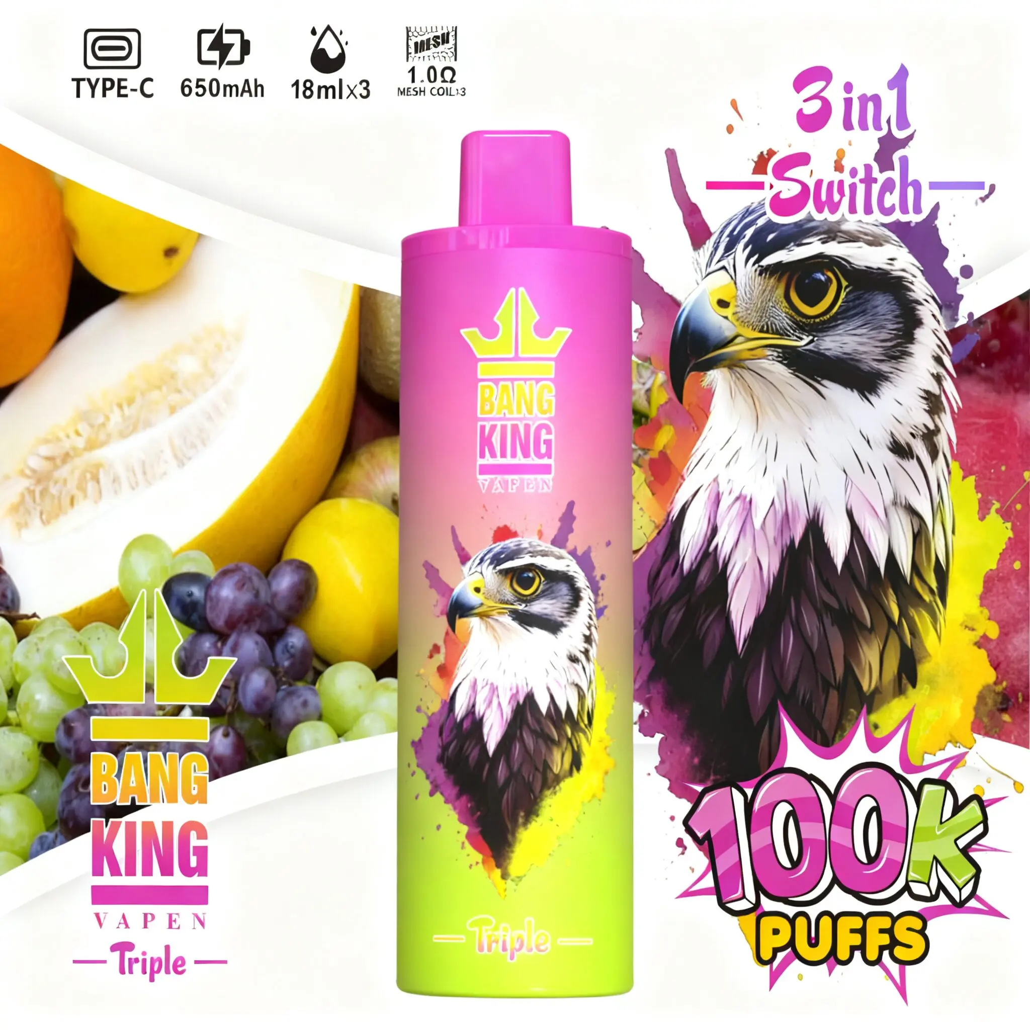 Bang King Triple 100000 100K Puffs 3 in 1 Flavors Original Rechargeable Disposable Vape - Image 6
