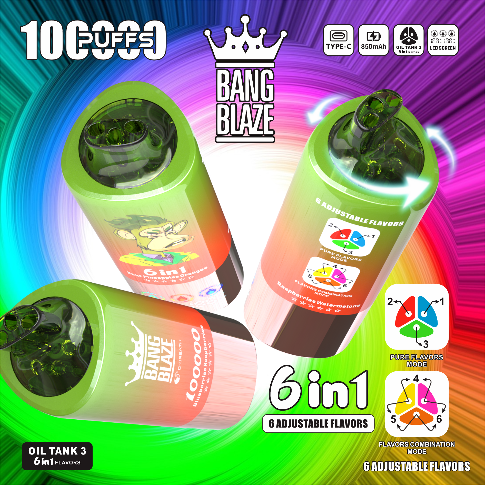 Bang Blaze 100000 100K Puffs 6 in 1 Flavors Newest Original Rechargeable LED Display Disposable Vape - Image 3